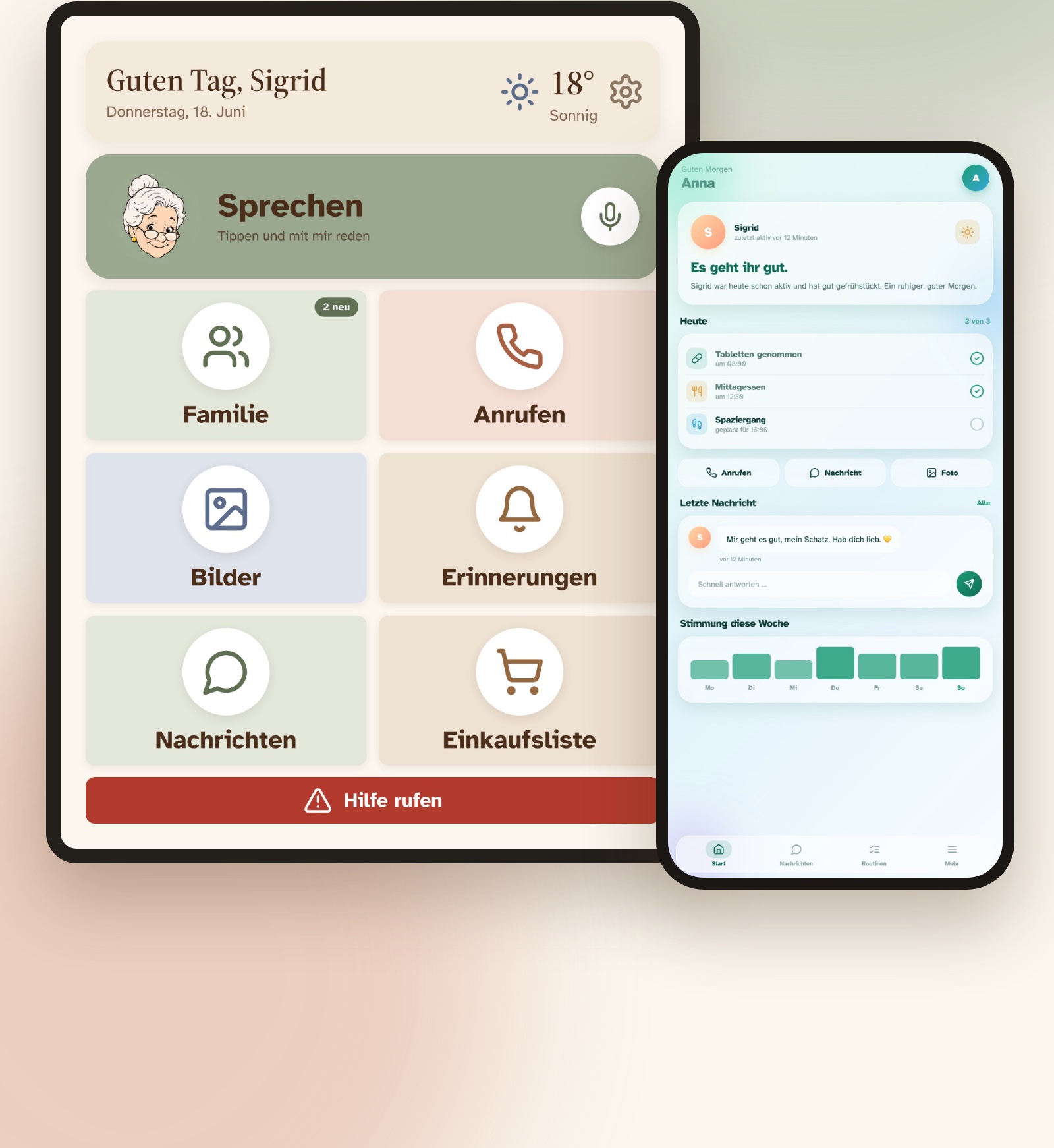 Agnes auf dem Senioren-Tablet und die Angehörigen-App auf dem iPhone