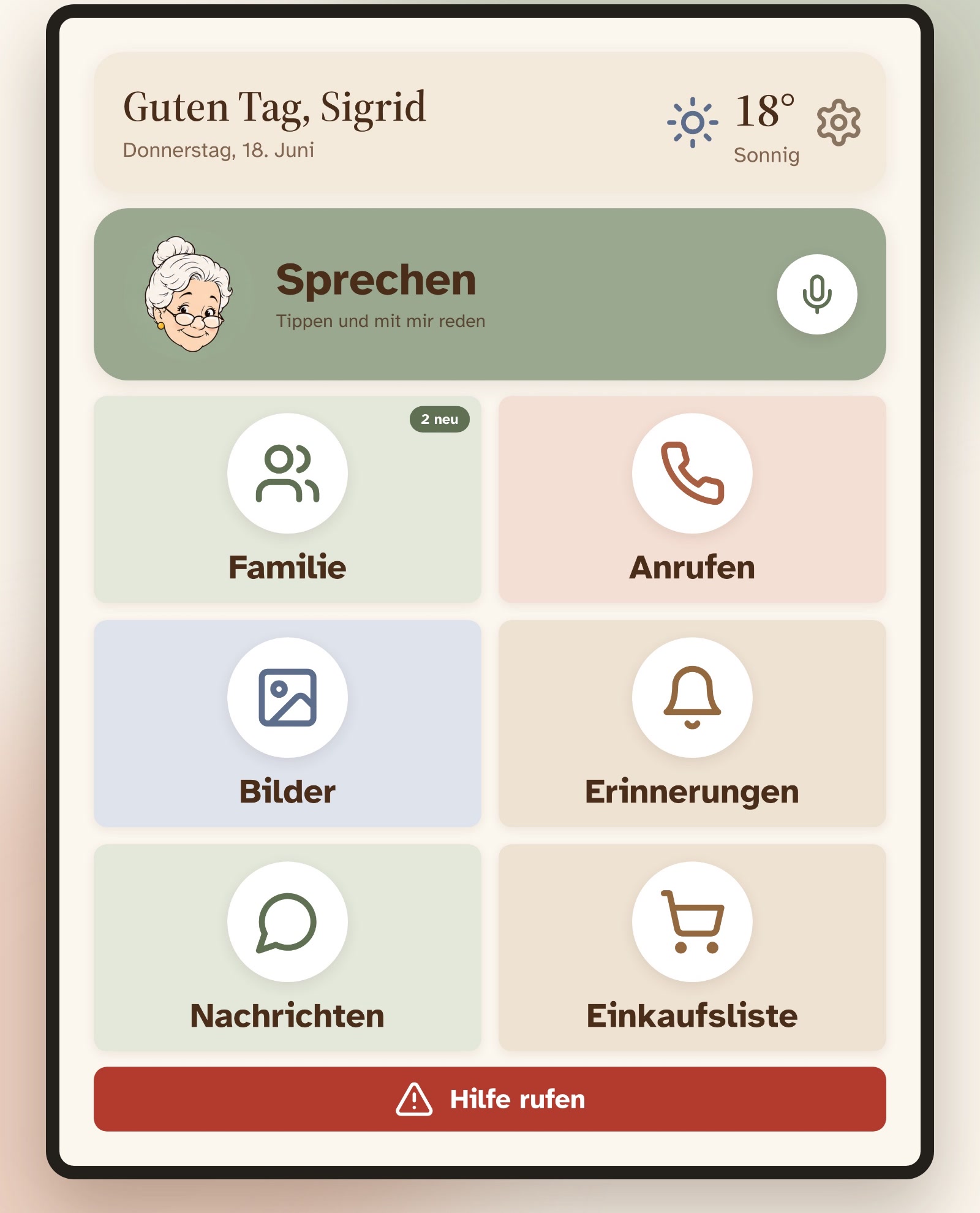 Agnes auf dem Tablet: große Kacheln und Sprechen-Knopf